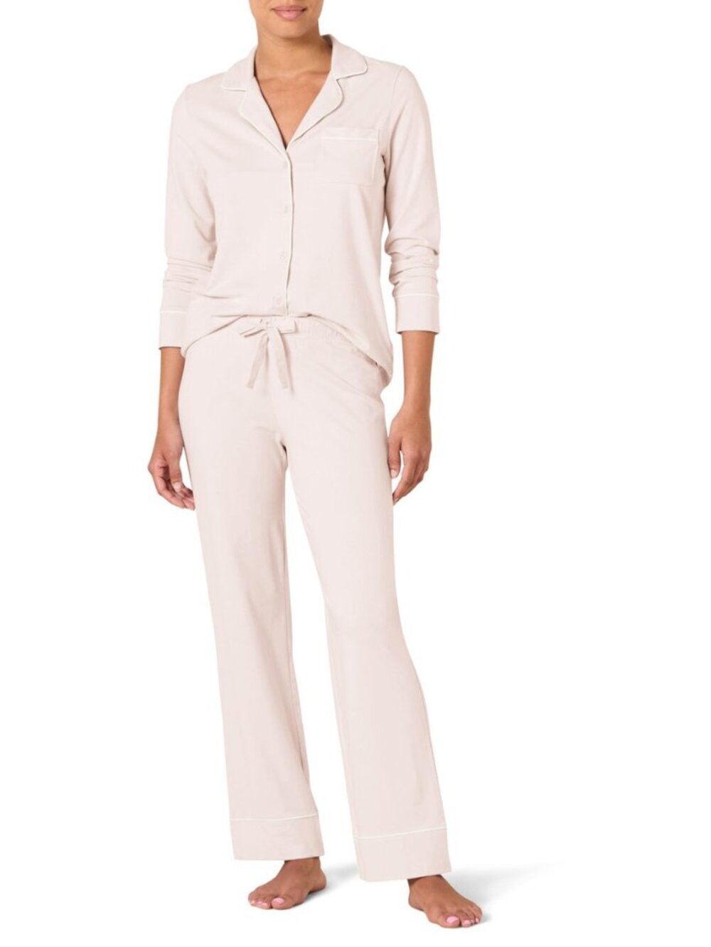 Women's Cotton Modal Long-Sleeve Notch Collar Shirt and Full-Length Elastic
